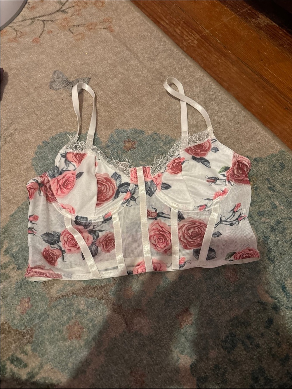 SHEIN White Bustier Top with Pink Rose Print